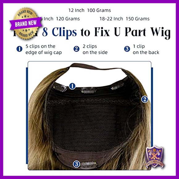 Human Hair U Part Wig 16 Inch Clip In With Combs Adjustable Straps main image 4